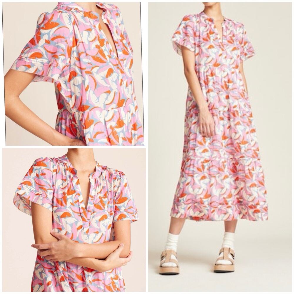 Birds of Paradis by TROVATA Pink Tropical Print Tiered Boho Midi Dress L - Picture 3 of 12